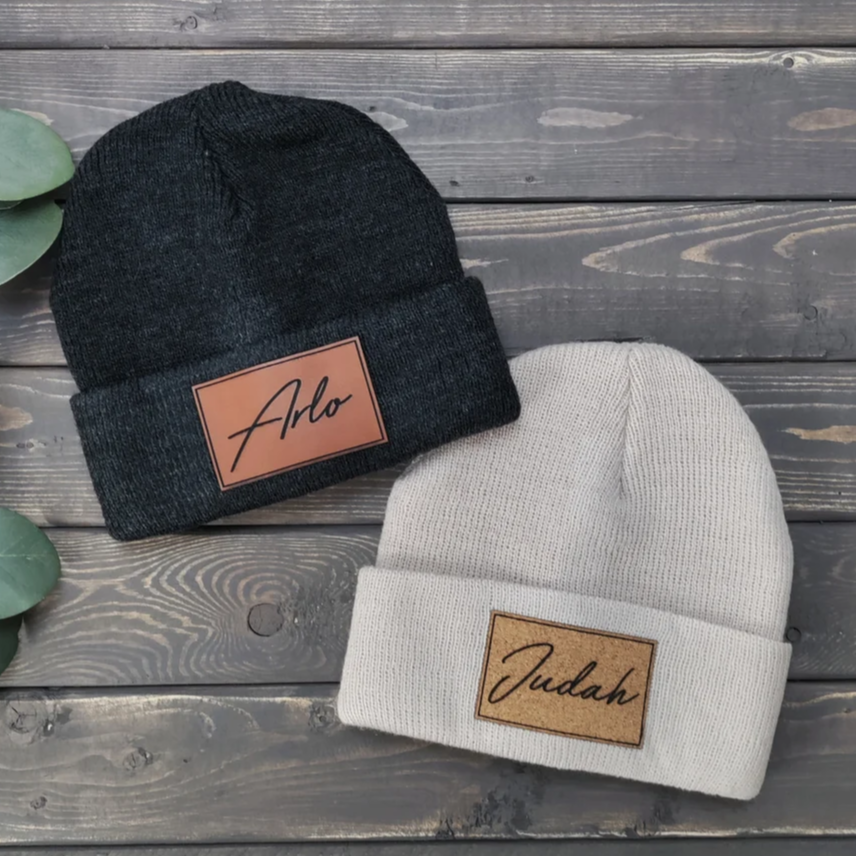 Personalized Leather Patch Beanie Custom Infant Toddler Kids Youth Child Baby Newborn Beanie
