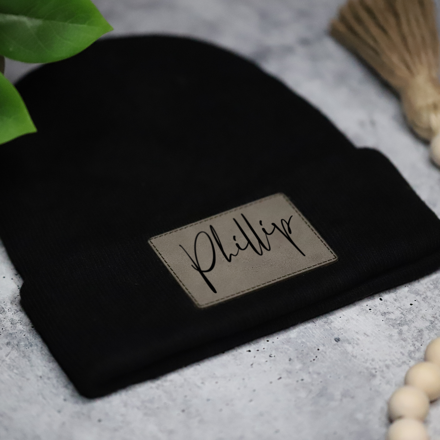 Personalized Leather Patch Beanie, Custom Infant Toddler Kids Youth Child Baby Newborn Beanie