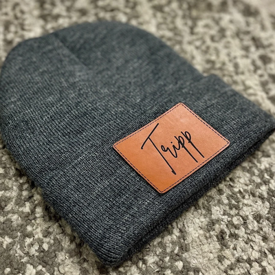 Personalized Leather Patch Beanie, Custom Infant Toddler Kids Youth Child Baby Newborn Beanie